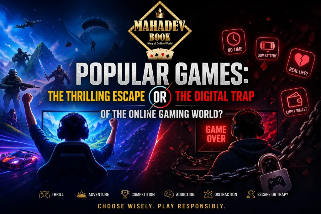 Popular games banner showing exciting gaming experience vs digital addiction with Mahadev Book logo