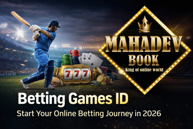 Betting Games ID banner with Mahadev Book logo, cricket player, casino chips and online betting concept 2026 India