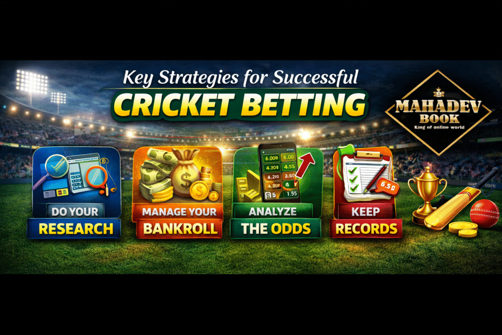 Cricket betting strategies banner with Mahadev Book logo showing bankroll management, live betting, and odds analysis