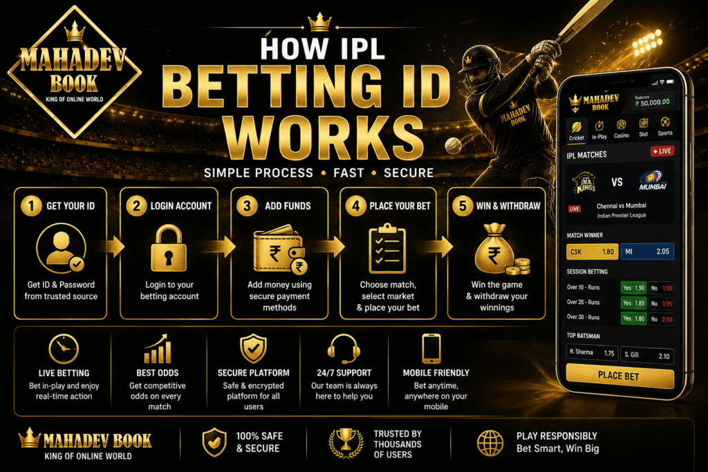 IPL betting process infographic with Mahadev Book logo