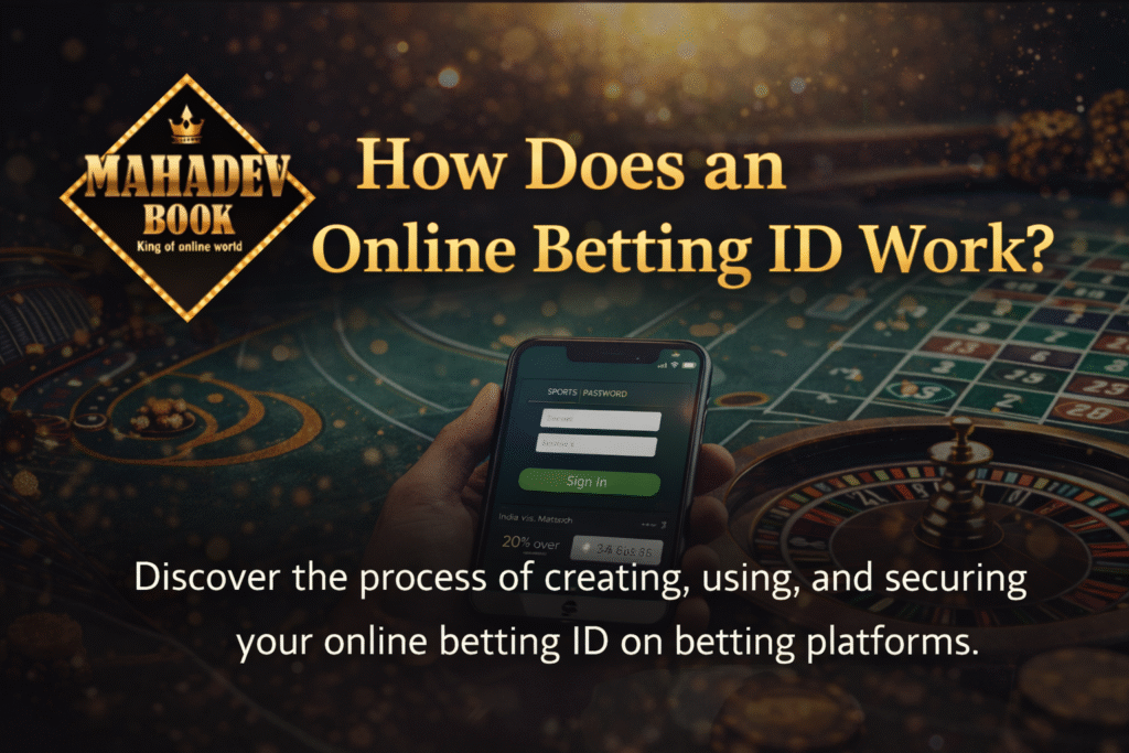 How online betting ID works with Mahadev Book logo and casino background