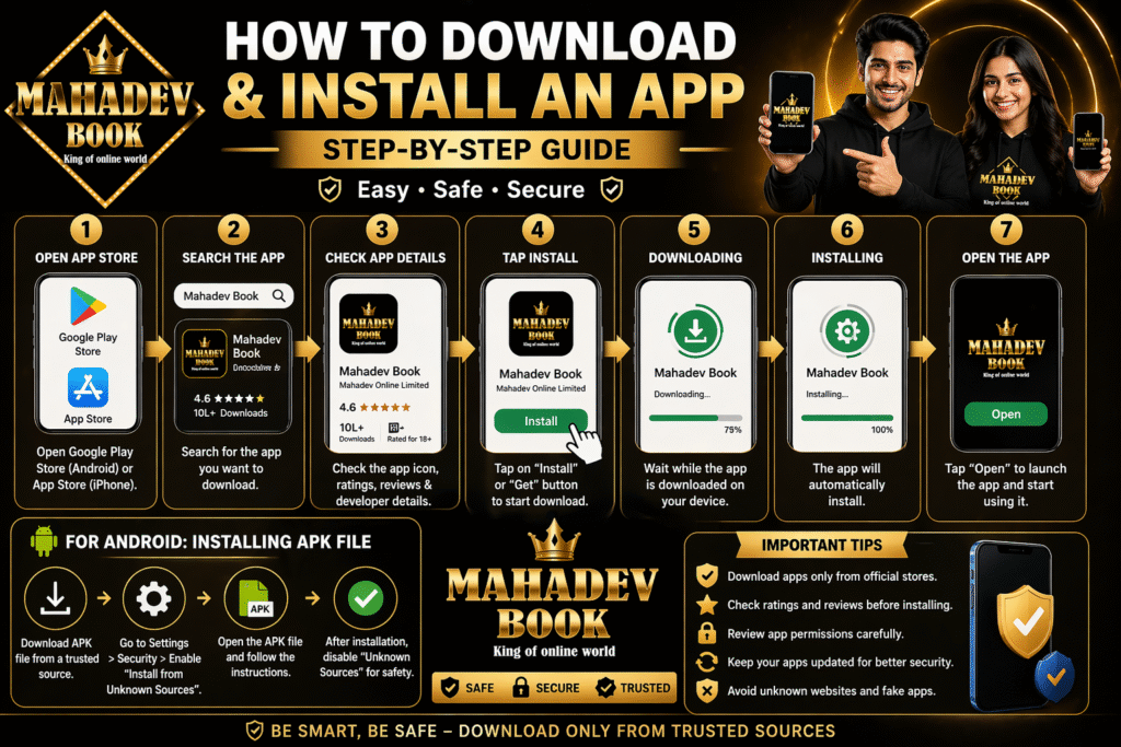 Step by step guide to download and install app with Mahadev Book logo