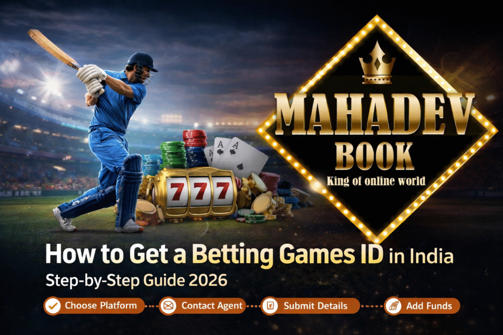 How to get Betting Games ID in India 2026 with Mahadev Book logo, step by step betting process, cricket and casino betting banner