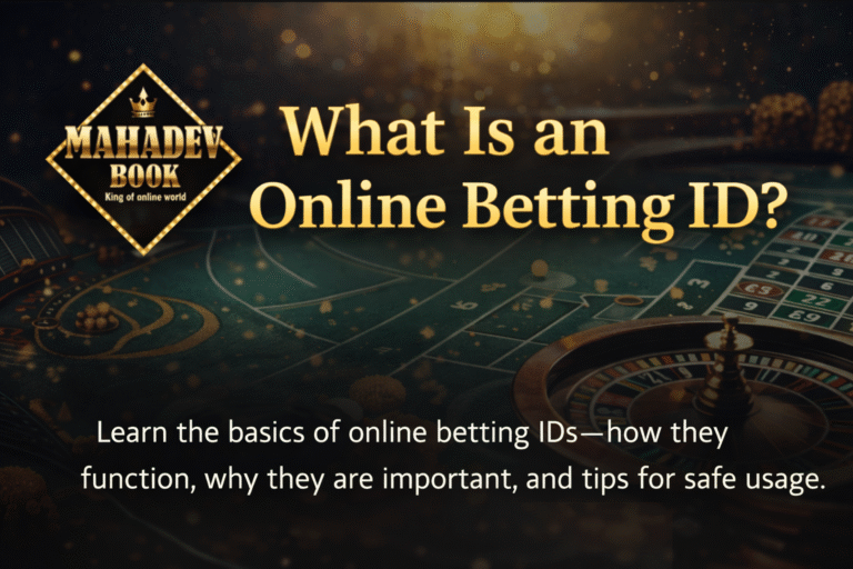 Online Betting ID guide banner with Mahadev Book logo and casino background