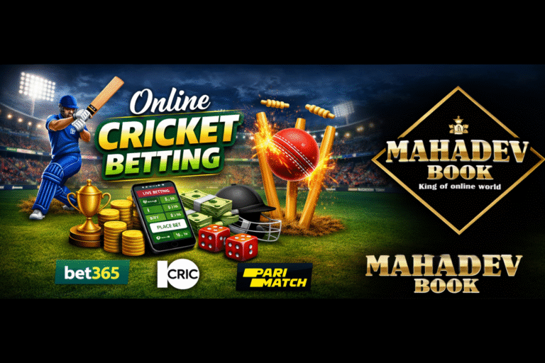 Online cricket betting banner with Mahadev Book logo, cricket stadium, batsman, and live betting interface