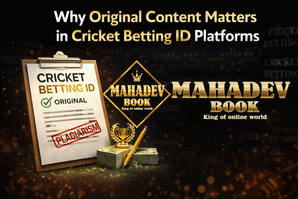 Original content importance in Cricket Betting ID platforms with Mahadev Book logo and plagiarism warning concept