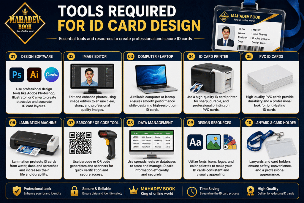 Essential tools for ID card design including software, printer, PVC cards, and lamination machine