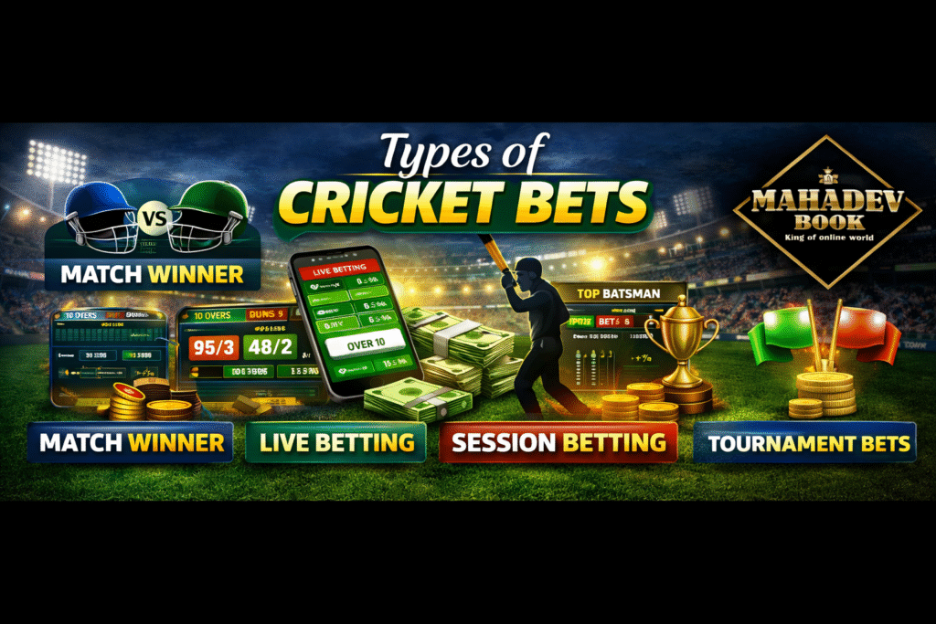 Types of cricket betting banner with Mahadev Book logo showing match winner, live betting, and session betting options
