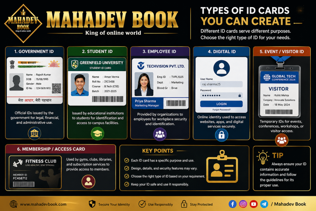 Different types of ID cards including government, student, employee, digital, and membership cards