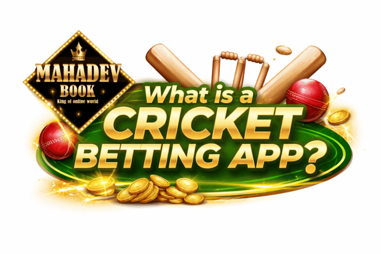 What is a Cricket Betting App Mahadev Book logo with cricket bats, ball, and gold theme design